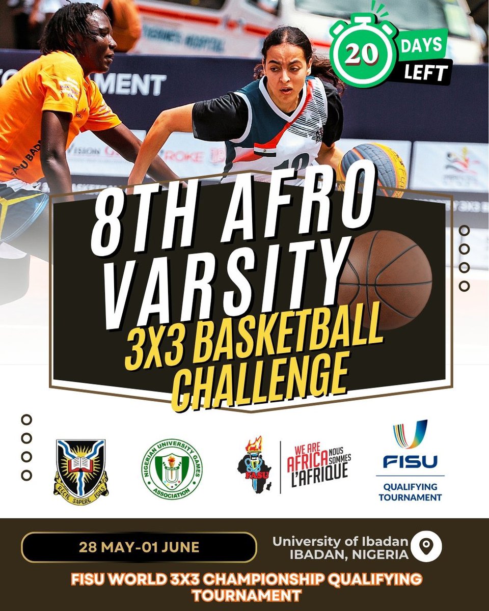 PhillipNuwagaba's tweet photo. The Count down is on!⏳ 

2️⃣0️⃣ Days to the #FASU3X3 hosted by the University of Ibadan, Nigeria 🇳🇬

It’s getting down!⏳

Come watch ball! 🏀🏀🏀
With the former Africa🌍 representatives  at the 2025 FISU University World Cup 3×3 Basketball @ucu_sports @ExperienceUSIU https://t.co/jmShQBpSJE