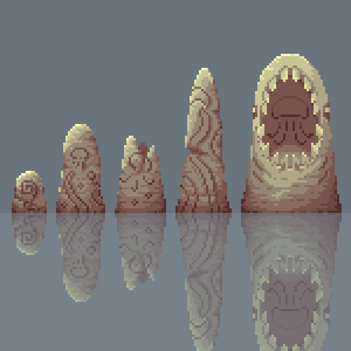 TheNarehate's tweet photo. I made a study of rocks in an ancient civilization style, I’ll use them for an environment in my personal project. I added a few carvings inspired by octopuses, jellyfish, and a shark. Wanted to share how they turned out since I personally liked them a lot hehe 🦈

#pixelart https://t.co/kiRQCDvQ7W