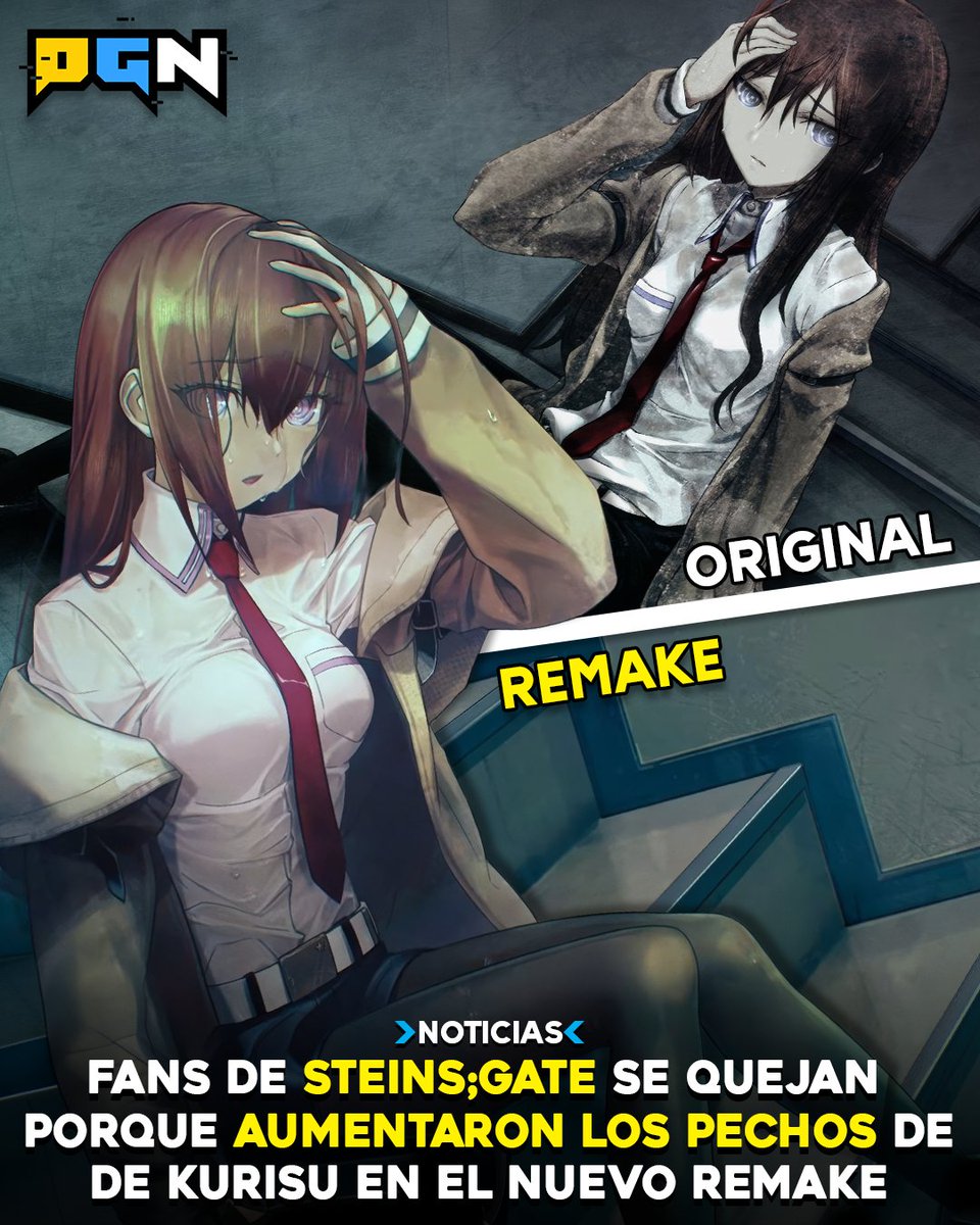 pgn_pe's tweet photo. Un nuevo arte de 𝗦𝘁𝗲𝗶𝗻𝘀;𝗚𝗮𝘁𝗲 𝗥𝗲𝗯𝗼𝗼𝘁, el remake del legendario juego del 2009, ha enojado a un montó de sus fans. Y es que la protagonista 𝗞𝘂𝗿𝗶𝘀𝘂 𝗠𝗮𝗸𝗶𝘀𝗲 recibirá un aumento de busto.

👉 Para los fans de la novela visual, la estética modesta de la protagonista eran perfección. 𝗦𝘂𝘀 𝗽𝗿𝗼𝗽𝗼𝗿𝗰𝗶𝗼𝗻𝗲𝘀 𝘀𝗶𝗺𝗽𝗹𝗲𝘀 𝘆 𝗿𝗲𝗮𝗹𝗶𝘀𝘁𝗮𝘀 hacían que su actitud de genio y tsundere resalte.

Para ellos, estos  nuevos pechos hacen que pierda esta sensación de ser una persona real. Sin embargo, los 𝗳𝗮𝗻𝘀 𝗱𝗲𝗹 𝗮𝗻𝗶𝗺𝗲 𝗱𝗲𝗹 𝟮𝟬𝟭𝟭 𝗱𝗲𝗳𝗲𝗻𝗱𝗶𝗲𝗿𝗼𝗻 𝗲𝗹 𝗻𝘂𝗲𝘃𝗼 𝗱𝗶𝘀𝗲𝗻̃𝗼 pues argumentan que en el anime ya portaba un pecho de tamaño similar.