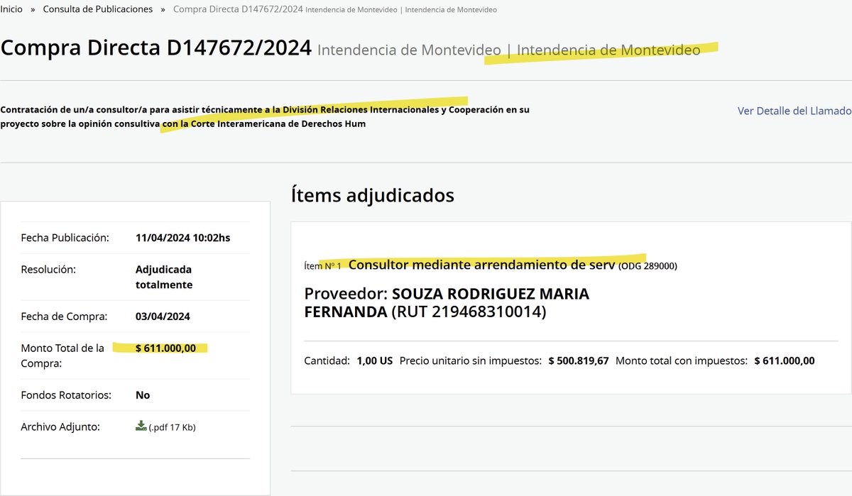 CONSULTORÍA: Los uruguayos pagamos $861.00 para la contratación de MARIA FERNANDA SOUZA RODRIGUEZ

2024

Poder Legislativo
🎯$ 250.000 CONSULTORIA MEDIO AMBIENTE

Intendencia de Montevideo
🎯$ 611.000 División Relaciones Internacionales y Cooperación