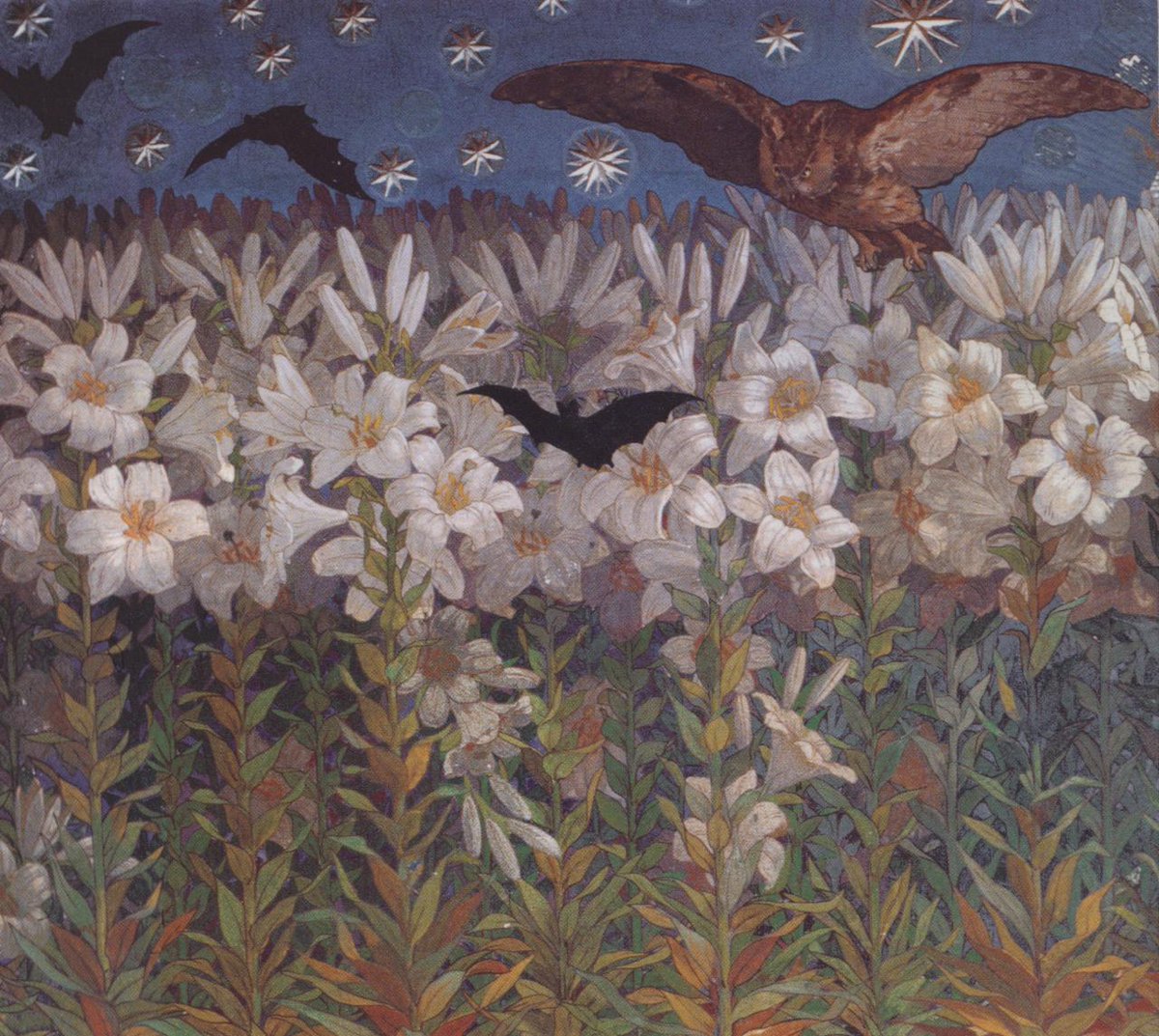 The white lily is the flower the Archangel Gabriel presents to Mary in scenes of the Annunciation. It's a symbol of purity... In this painting, there are hundreds of them at midnight, with an owl and two bats above, while a third bat glides right at flower level. Artwork: In the Night (Nel notturno). Artist: Achille Casanova (1861-1948), a Bolognese painter and decorator. Date: circa 1894-1897.