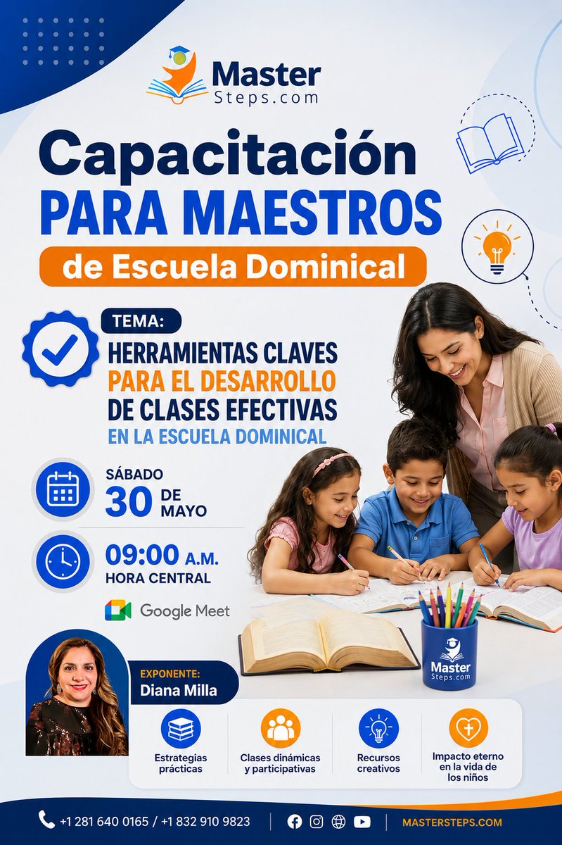 NINRORUIZ's tweet photo. Si eres maestro y te interesa esta próxima capacitación el cupo es limitado ponte en contacto conmigo al  WhatsApp+1 (832) 910-9823.
Objetivos de la capacitación:

• Identificar claramente herramientas prácticas para el desarrollo de la clase.

• Desarrollar de forma efectiva y lúdica actividades que permitan a los niños una mejor comprensión y revelación de la vida de Cristo en la lección impartida.
• Descubrir cómo estas herramientas claves aportan significativamente para que la clase alcance la meta final del proceso de enseñanza-aprendizaje.

Estamos seguros de que será un tiempo de gran edificación, aprendizaje y fortalecimiento ministerial para cada maestro.

Agradecemos su compromiso y disposición para seguir creciendo en esta hermosa labor de formar generaciones con propósito. 
#capacitaciondemaestros #EscuelaDominical #FormaciónParaMaestros #educaciónbiblica #ClasesEfectivas #maestroscristianos
