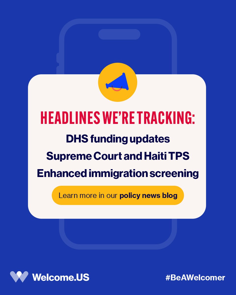 welcomeus's tweet photo. Get a breakdown of the latest headlines directly impacting newcomers across the country.

As immigration news shifts rapidly, our latest insights cover: 
⚖️The Supreme Court’s review of TPS for Haiti
🔍 Enhanced background checks for immigration applicants
💰 Funding updates for DHS, CBP, and ICE
📣 A ruling on the administration’s pause for some immigration applications

Get the facts, context, and why this matters to newcomers and Welcomers in our policy news blog. 
🔗 https://t.co/1t2y7fnWHk 

#BeAWelcomer #InTheNews