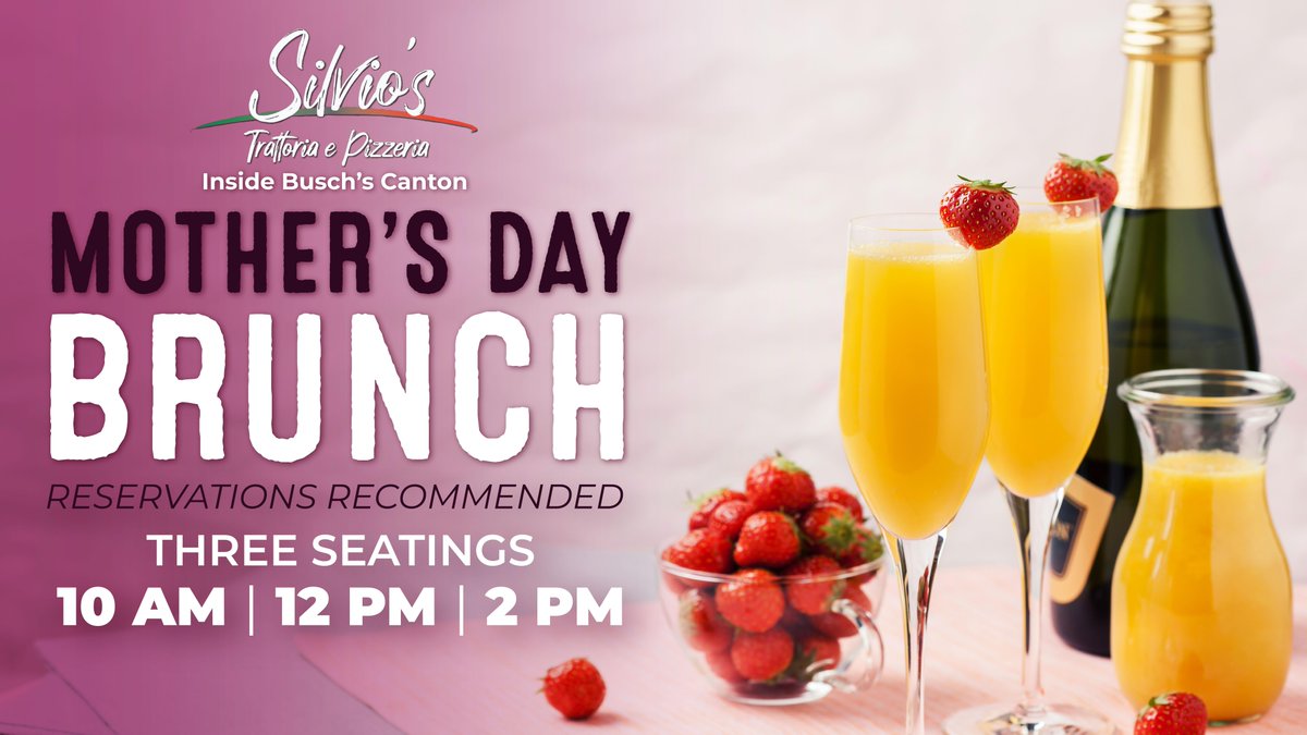 BuschsMarket's tweet photo. Celebrate Mother’s Day with brunch at Silvio's Trattoria &amp; Pizzeria inside our Canton location 🌸

Prime rib carving station, mimosas, house-made pasta &amp; brunch favorites await on Sunday, May 10.

Seatings at 10 AM, 12 PM &amp; 2 PM. Reservations recommended! https://t.co/MRgXR3UnkE