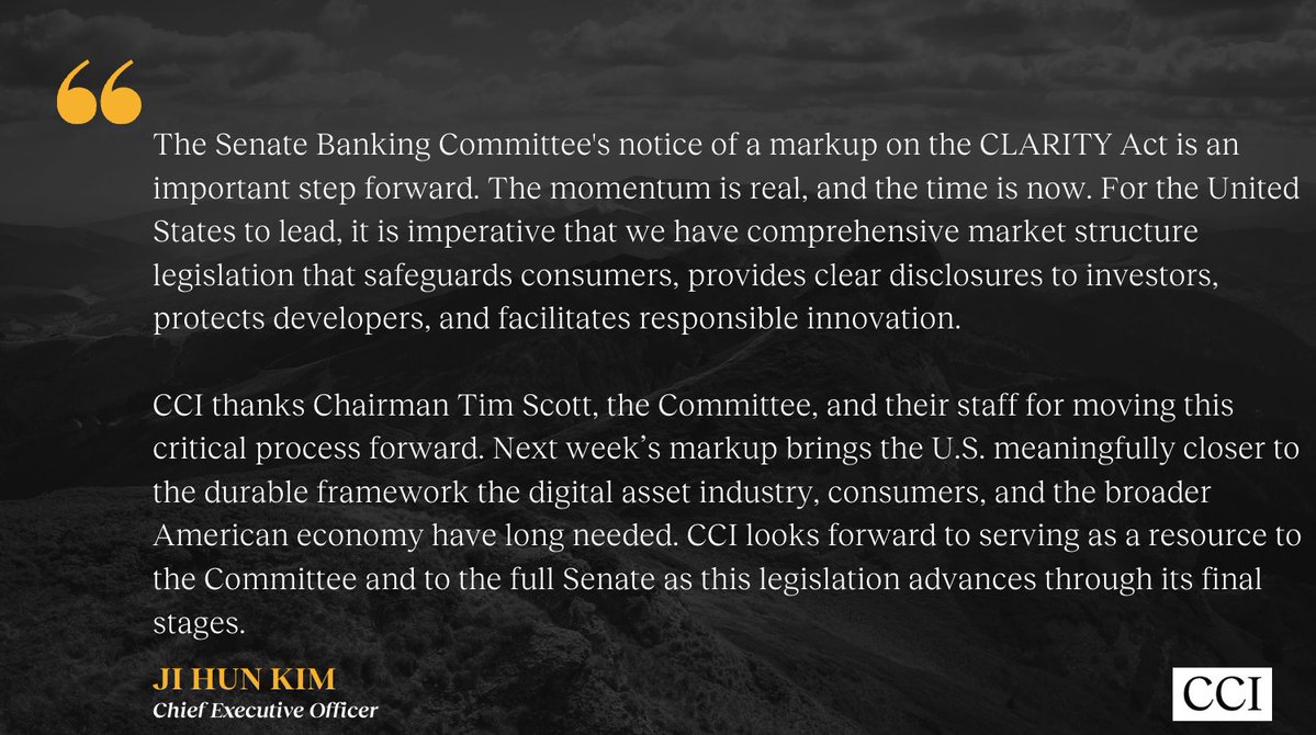 Statement from our CEO <a href="/_jikim/">Ji Kim</a> on the Senate Banking Committee notice of a markup on the CLARITY Act: