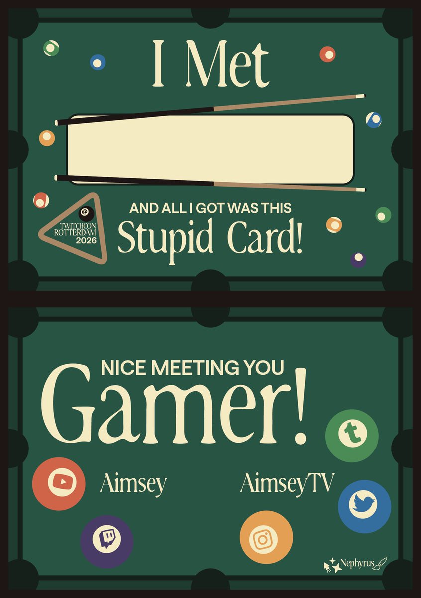 THEY’RE HERE! HUZZAH! 

If you’re an Aimsey fan, here are the cards you can get if you meet them at #TwitchCon Rotterdam 2026! 🎱