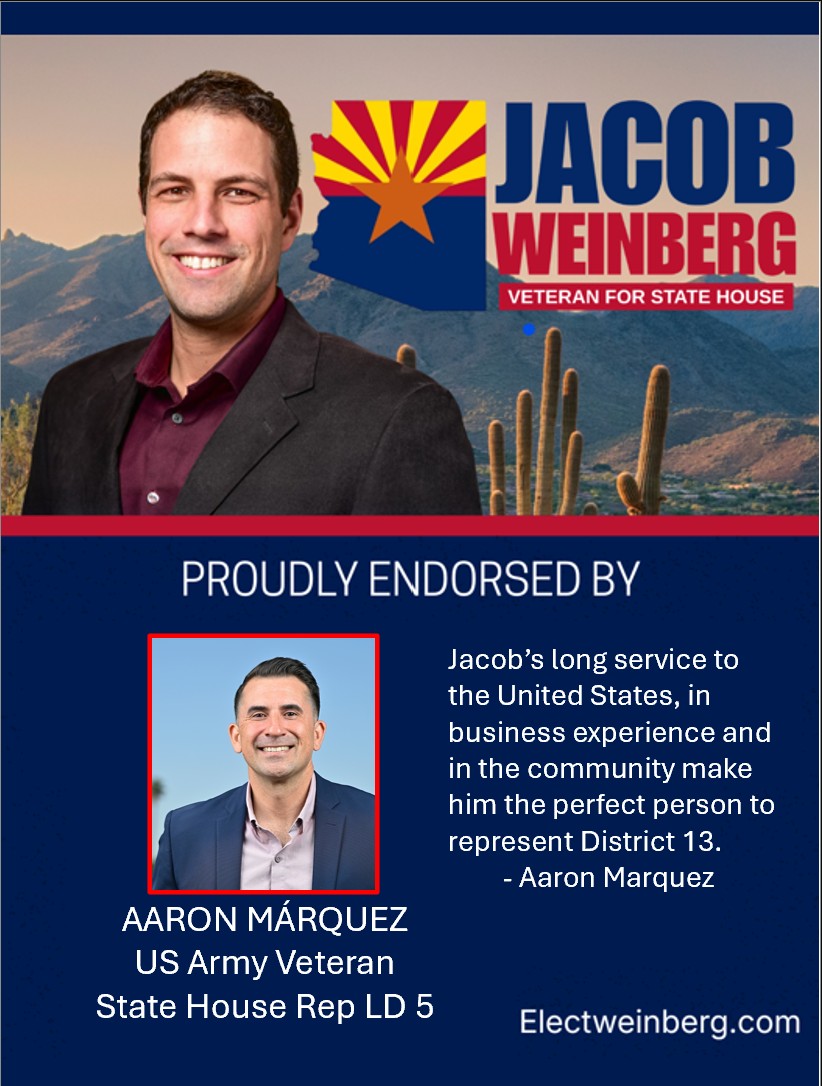 electweinberg's tweet photo. V-E (Victory in Europe) Day Announcement! Proud to receive the endorsement of distinguished US Army veteran &amp; State Legislator Aaron Márquez!
Aaron's dedicated to protecting our democracy and improving Arizona Public schools. I look forward to working with him at the Legislature. https://t.co/t9H3QMWY70