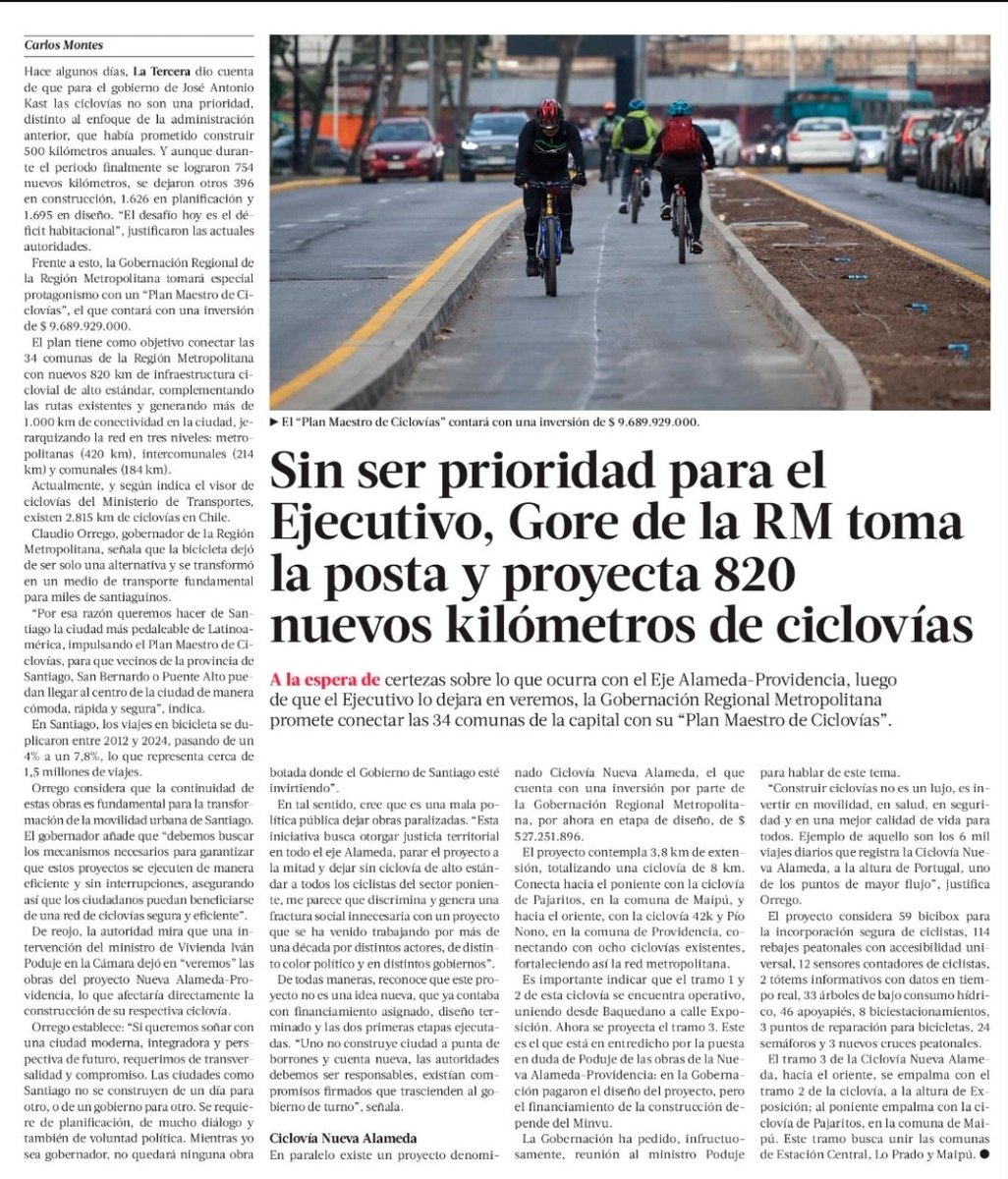 Qué bien que <a href="/Gob_Santiago/">Gobierno de Santiago</a> proponga un plan de ciclovías e insista en su implementación. Esta infraestructura traspasa comunas por lo que el enfoque debe ser regional. Esto construye ciudad, brinda equidad territorial y es especialmente necesario en sectores de bajo ingreso.
