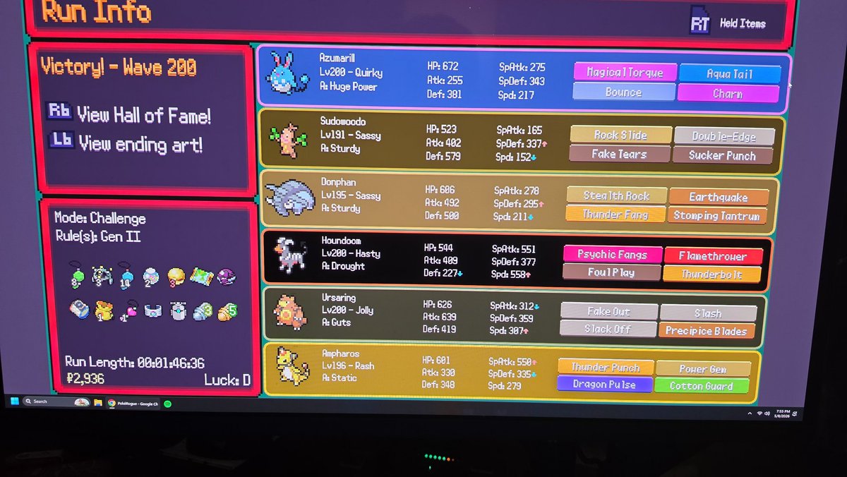 GamerNthn's tweet photo. Somehow beat pokerogue with this garbage lineup.... No mega, Gen 2 only.... Ass moves too 😭 houndoom was shredding early game with drought and then proceeded to get beat to shit end game https://t.co/Sx6X0vh4qn