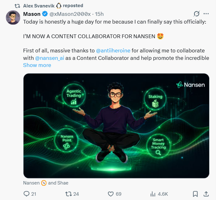 xMason2000x's tweet photo. Yesterday honestly felt like a special milestone in my journey as a CT creator 

Back in 2024, I wrote a thread about the success story of @Moku_HQ and was insanely happy when @Jihoz_Axie retweeted it 🤩

Fast forward to 2026… now I’m seeing @ASvanevik, CEO of @nansen_ai reposted my content 🥳

I'm still trying to improve every single day and keep creating valuable content for the people who’ve been supporting and following me throughout this Web3 journey 🤝

And btw… if you want to experience the full power of Nansen Pro, you can also get 10% cashback using my link below 👇