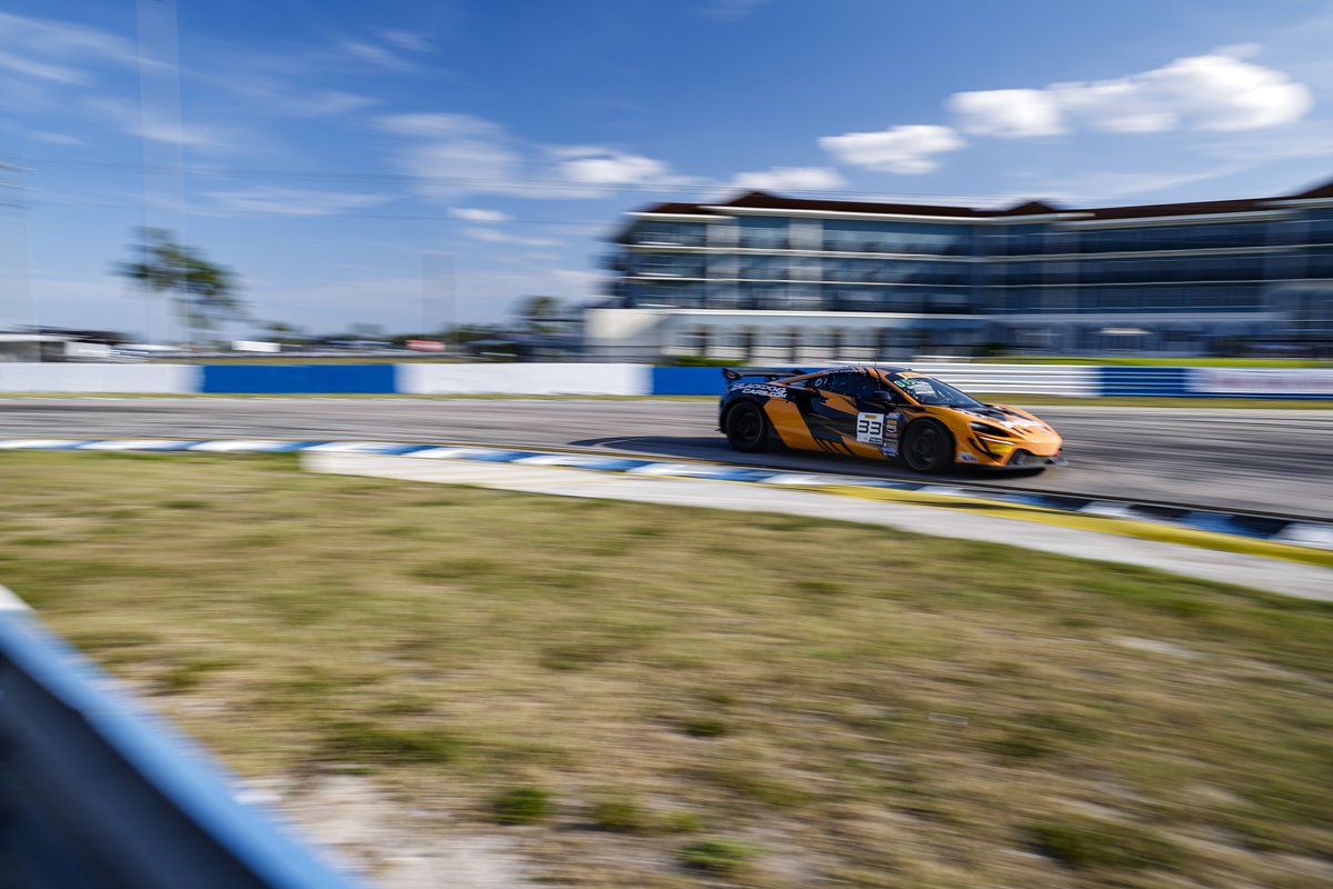 BlackdogSpeed's tweet photo. Scenes from #GTSebring, Friday Edition. Much-needed podium finish in an all-around team performance this afternoon. P3 nets us good points, @MSCooper1 set the fastest race lap and we're full speed ahead into R2 tomorrow afternoon! #McLaren #Artura #GT4 #GT4America https://t.co/GPRWd6DFQK