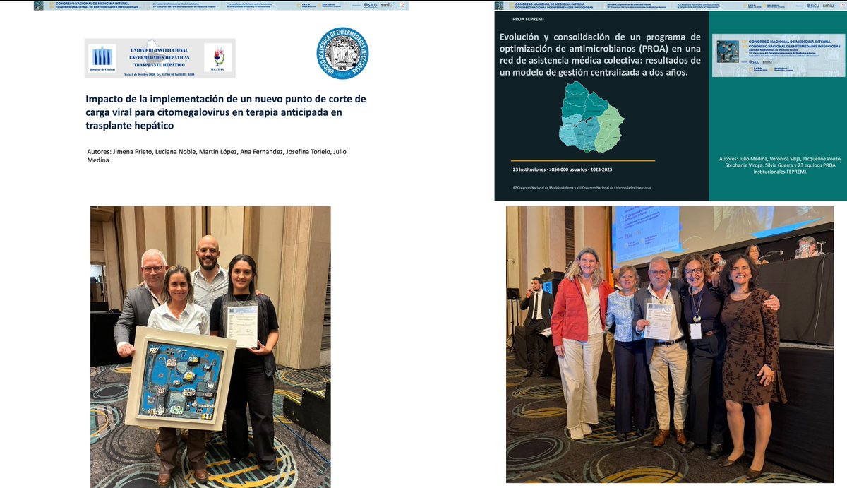 Dr_Julio_Medina's tweet photo. Muy buen reconocimiento para dos equipos de trabajo comprometidos, que obtuvieron el primer y segundo premio en el 47° Congreso Nacional de Medicina Interna y VIII Congreso Nacional de Enfermedades Infecciosas.

Primer premio: CMV en trasplante hepático.
 Segundo premio: consolidación del PROA en red FEPREMI.
Un orgullo compartir estos logros colectivos.

 @JimenaPrieto5 @LuchiNoble #MartinLopez @licsilviaguerra @SeijaVeronica @jaqueponzo @StephanieViroga @FEPREMIuy @Infectologia_uy @hcmquintela