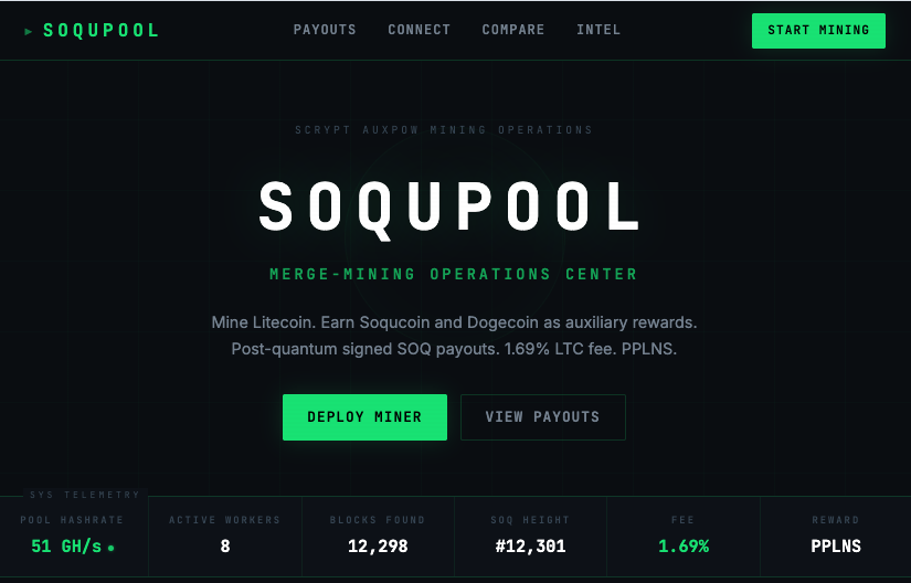 soqucoin's tweet photo. Alpha Update: Soqucoin Labs Inc. Launches https://t.co/dA2T9CATAj

We are pleased to announce the official launch of SoquPool, positioning ourselves to compete with industry leaders like F2Pool, ViaBTC, and LitecoinPool.

Our Phase 2/3 backend development, featuring comprehensive hashrate dashboards, enhanced security protocols, and a robust membership accounting system, will debut during live Stagenet AuxPow mining ops testing soon. TYFYATTM

Explore the platform: https://t.co/hoGTkSQkHp