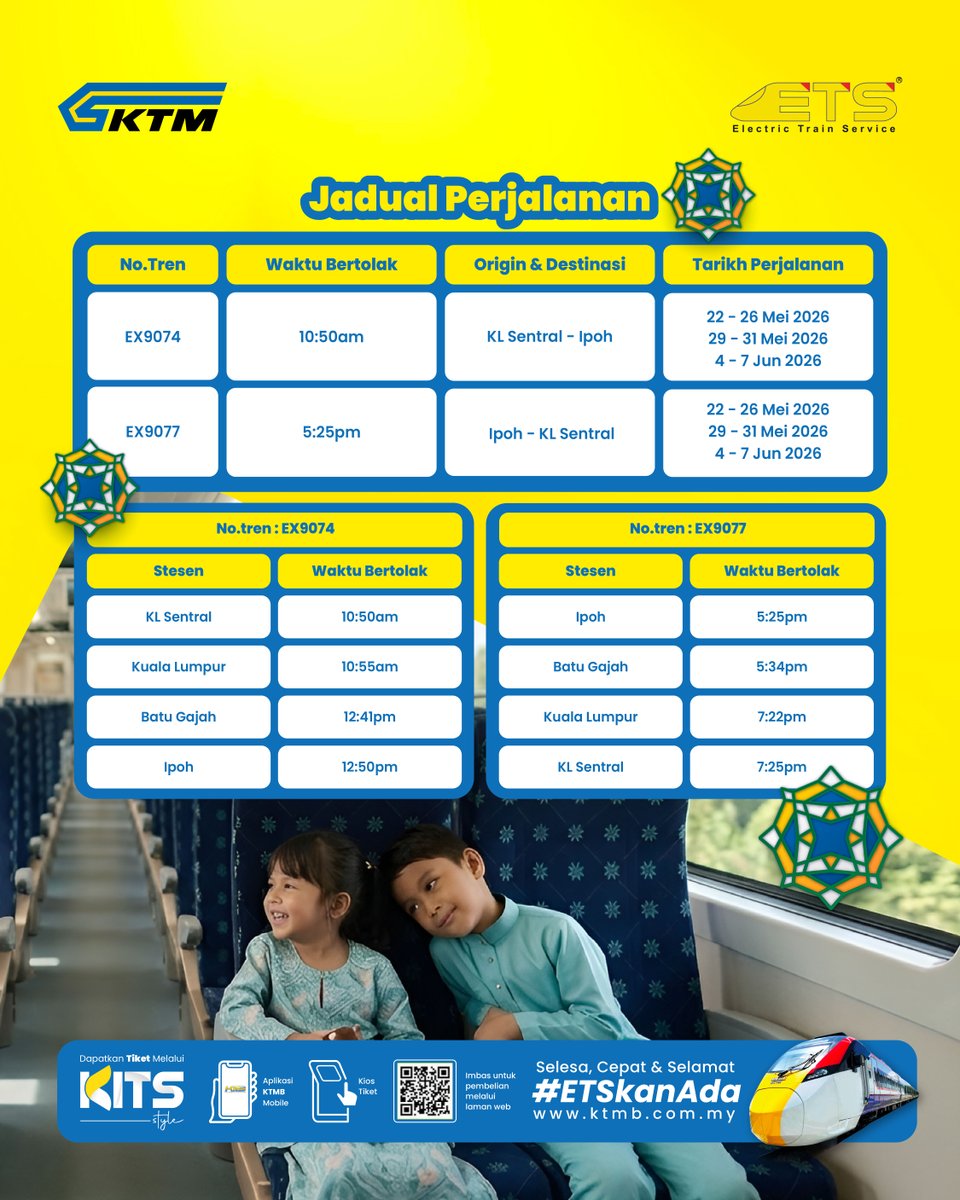 ktm_berhad's tweet photo. Raya Haji dah makin dekat… 𝘴𝘰 mestilah ETS kena tambah 𝘵𝘳𝘪𝘱 untuk #ETSFam! Anda dah bersedia?
Beli tiket secara dalam talian melalui:
📱 Aplikasi KITS Style
Jangan tunggu 𝘭𝘢𝘴𝘵 𝘮𝘪𝘯𝘶𝘵𝘦, nanti tinggal “𝘴𝘰𝘭𝘥 𝘰𝘶𝘵” je 😭
#KTMB #ETS #ETSkanAda #Aidiladha2026 https://t.co/DSBf2DVWev