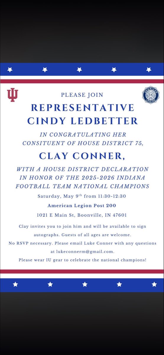 CoachWardd's tweet photo. Come out and celebrate IU National Champion Clay Conner! https://t.co/vss2px11zL