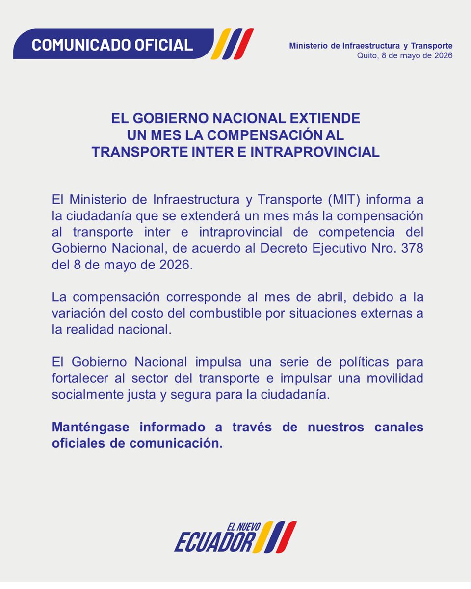 QuitoNoticias1's tweet photo. 🚨 El Gobierno extiende por un mes más el millonario #bono para los #buseteros.
@MIT_Ecuador https://t.co/al2d4eemol