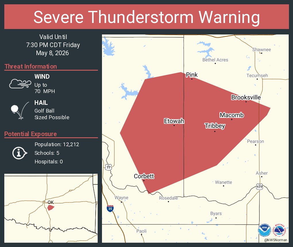 Severe Thunderstorm Warning continues for Pink OK, Tribbey OK and ...