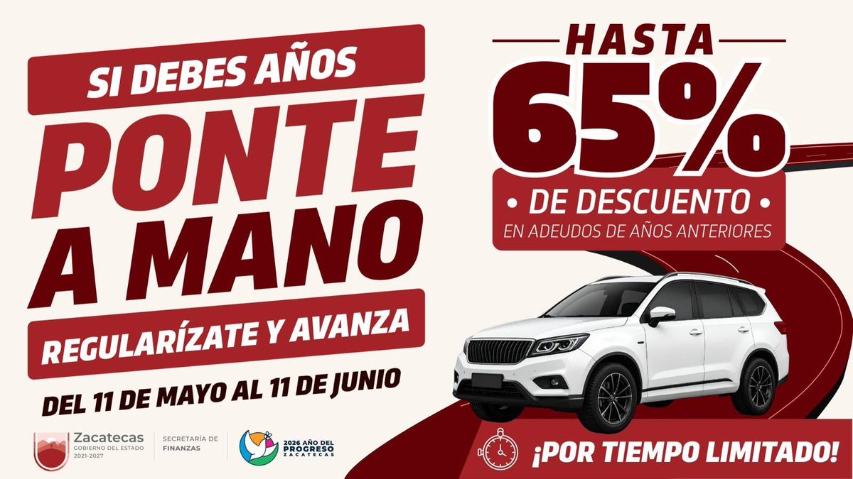 SEFIN_Zac's tweet photo. 🚗📄 ¡Es momento de regularizarte!

El Gobierno de Zacatecas, encabezado por el Gobernador David Monreal Avila, a través de la Secretaría de Finanzas, pone en marcha el decreto “Si debes años, ponte a mano”. https://t.co/oOKqE2F2Gv