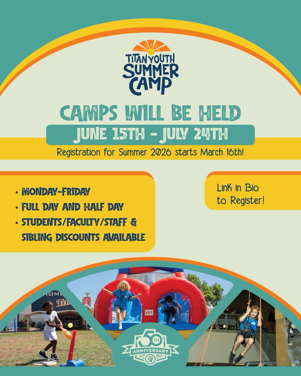 titanrecreation's tweet photo. ☀️ Summer is coming up at Titan Youth Summer Camp!

Camps run June 15 – July 24, packed with fun activities, games, and experiences for kids to stay active and engaged all summer long. https://t.co/BrJmqv9FrE