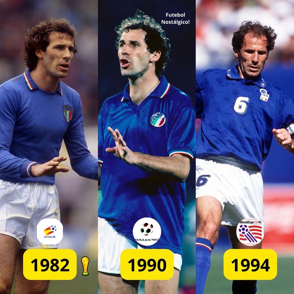 Franco Baresi em Copas do Mundo 🇮🇹😍

Franco Baresi jogou em 3 Copas do Mundo pela Itália.
 
•  1982 (Espanha): Campeão do mundo, mas não jogou nenhum minuto (era reserva).
•  1990 (Itália): Jogou todas as partidas (como titular), Itália ficou em 3º lugar.
•  1994 (EUA):