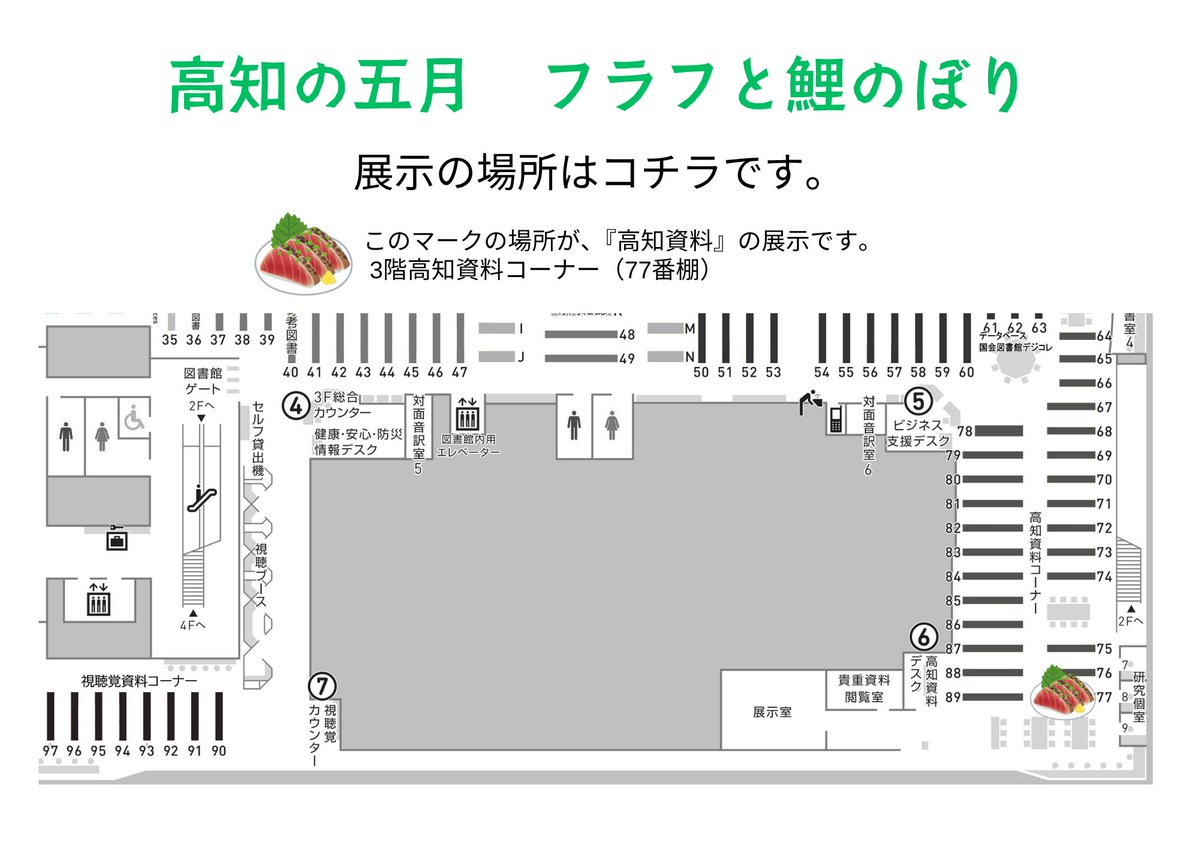 「高知の五月　フラフと鯉のぼり」🎏
 場所：オーテピア高知図書館３階高知資料コーナー　77番棚
 展示期間：2026/5/1-5/30
 
高知の初夏といえばフラフと鯉のぼり！
今、フラフや鯉のぼりの歴史が掲載された郷土資料等を展示中！
ぜひお気軽にお立ち寄りください✨

#オーテピア高知図書館
#鯉のぼり
