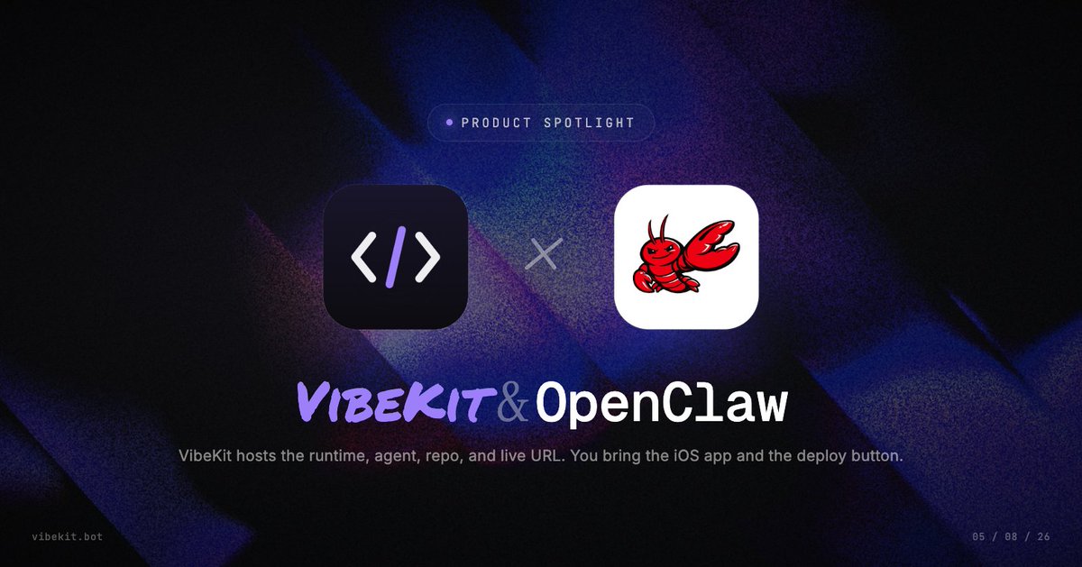 VibeKitBot's tweet photo. VibeKit is OpenClaw, hosted.

Free to use, no setup, no API keys. Every app gets a persistent agent, a real GitHub repo, and a live URL. https://t.co/z6SsTlQyyQ