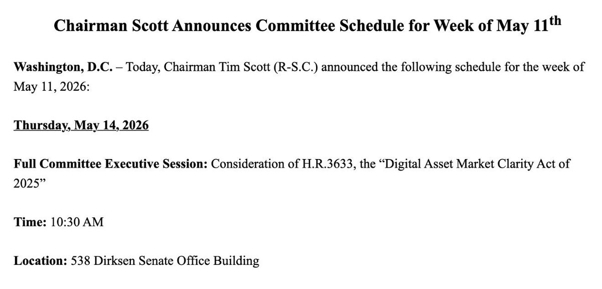 BitcoinPulseX's tweet photo. 🇺🇸 The Digital Asset Market Clarity Act has now been set for committee review on May 14, 2026. ✅

Washington continues pushing toward clearer crypto regulations as lawmakers work on establishing a more structured framework for digital assets and the broader market. 📈 https://t.co/yLpSbcO9J2
