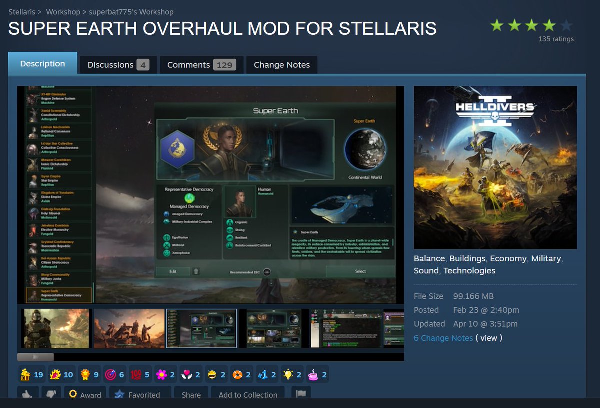 For my Stellaris nerds out there the Helldivers overhaul mod dropped recently I haven't tried it out yet but I definitely will at some point 

Looks pretty cool though and the modder is respected as well! :D