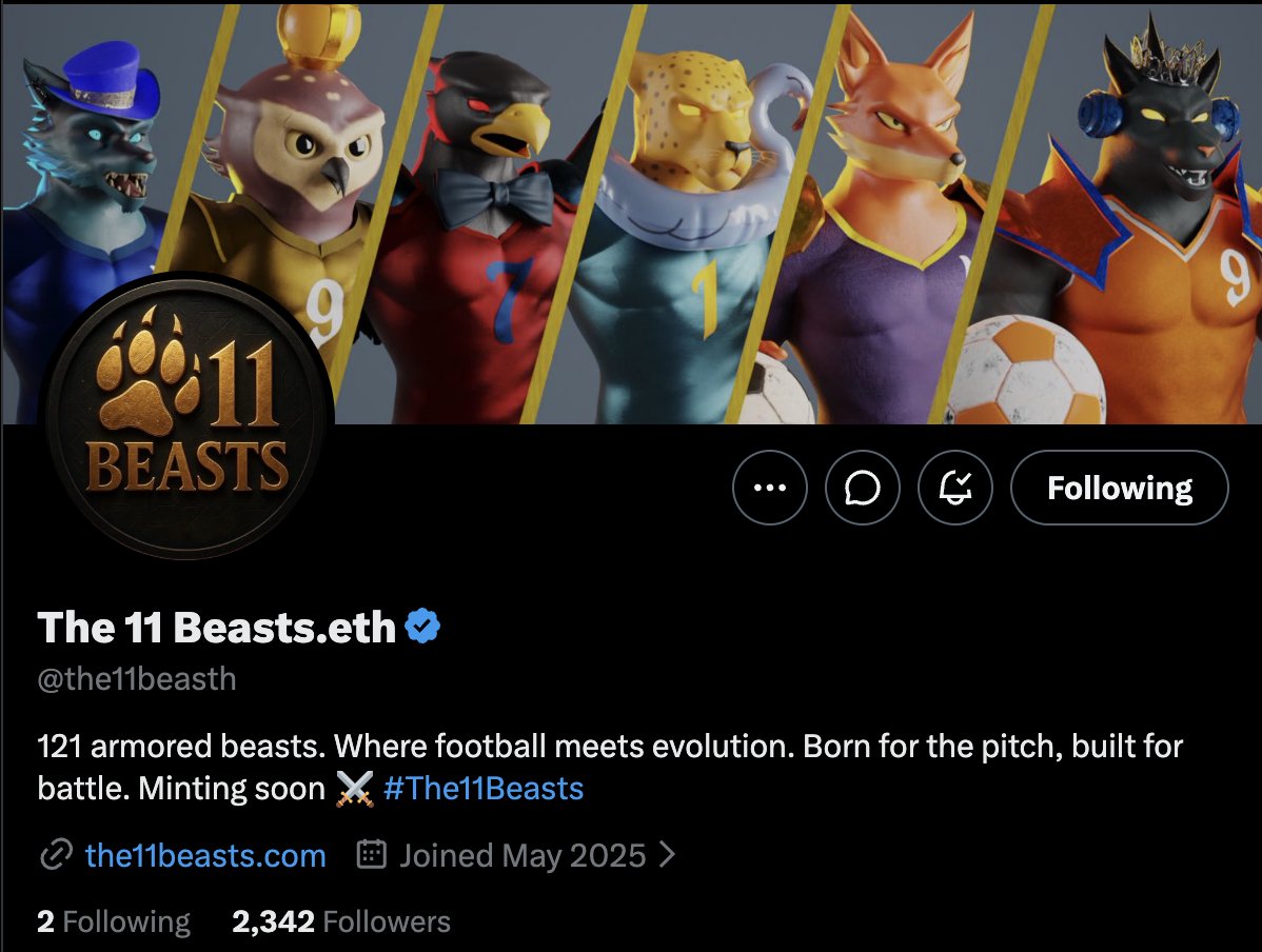 Gov1nd17's tweet photo. The @the11beasth coming soon on @opensea 👀

• Supply: 121
• Chain: Ethereum
• Mint date: May 14

The 11 Beasts is a limited NFT collection where football archetypes are reborn as armored digital warriors.

Each piece represents:
a role, a mentality, and a force built for the pitch.

The art direction feels like dark fantasy mixed with football culture — turning classic player identities into mythic beast-like characters.

Low supply + strong visual identity makes this one worth watching.

For more info follow @the11beasth and keep notis on.