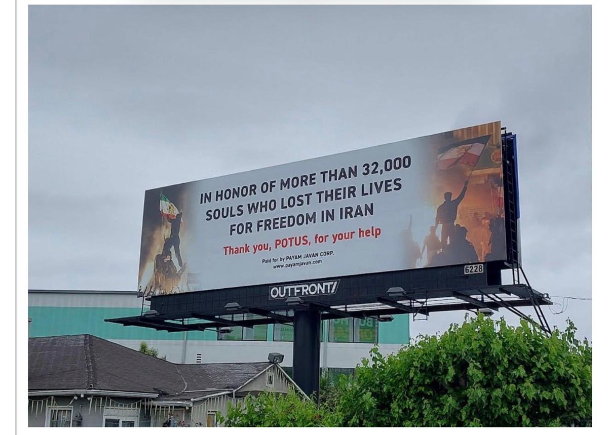 Spotted on Highway 101, right near San Francisco Airport (SFO):
“In honor of more than 32,000 souls who lost their lives for freedom in Iran.”

They gave everything they had so Iran could be free. We will not stop until their sacrifice brings down this terrorist regime.

They