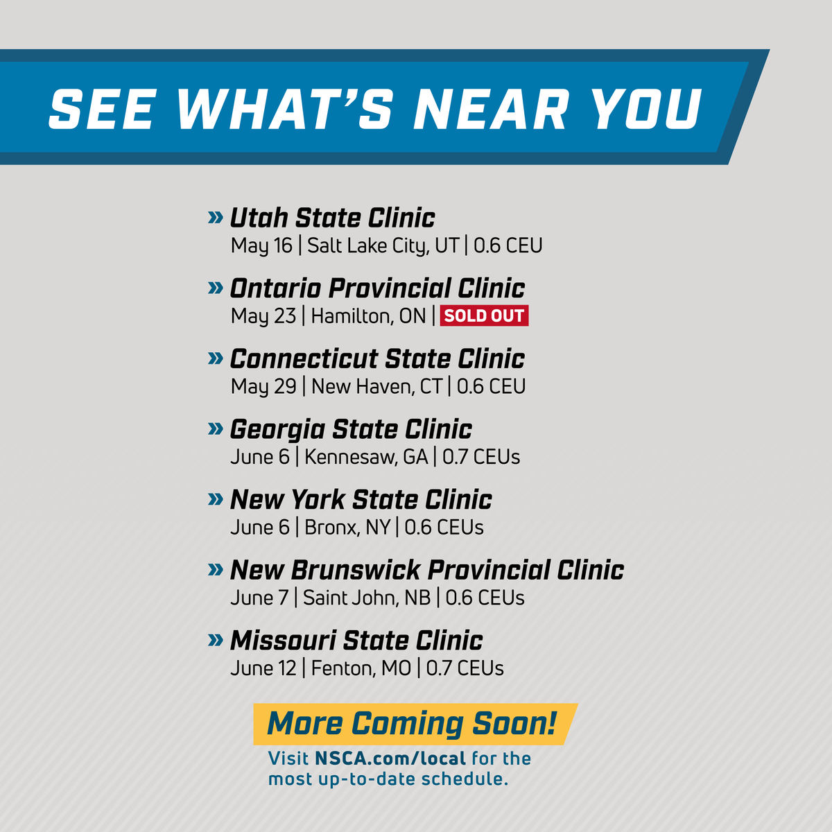 NSCA's tweet photo. Don’t wait on local CEUs 👀 Sign up for an NSCA event near you while spots are still available.

Hear fresh perspectives, build your network, and lock in CEUs during the final year of the recertification cycle.

📆 SAVE YOUR SPOT NOW » https://t.co/RfUgoFdqnz https://t.co/Xd65LoPOL1