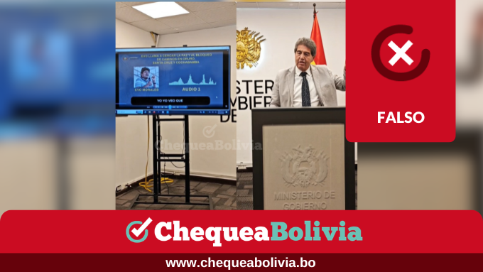 ChequeaBolivia's tweet photo. ❌ Viceministro de Régimen Interior utiliza audio de 2025 para denunciar que Evo quiere “desestabilizar” el gobierno de Paz
🔎 Uno de los audios presentados en la conferencia de prensa es de 2025, cuando el dirigente Rudy Capquique denunció un cerco a ciudades en una conversación telefónica con el expresidente Evo Morales. 
👉Ver más: https://t.co/7E8LRvn3R3
#ChequeaBolivia #EsFalso