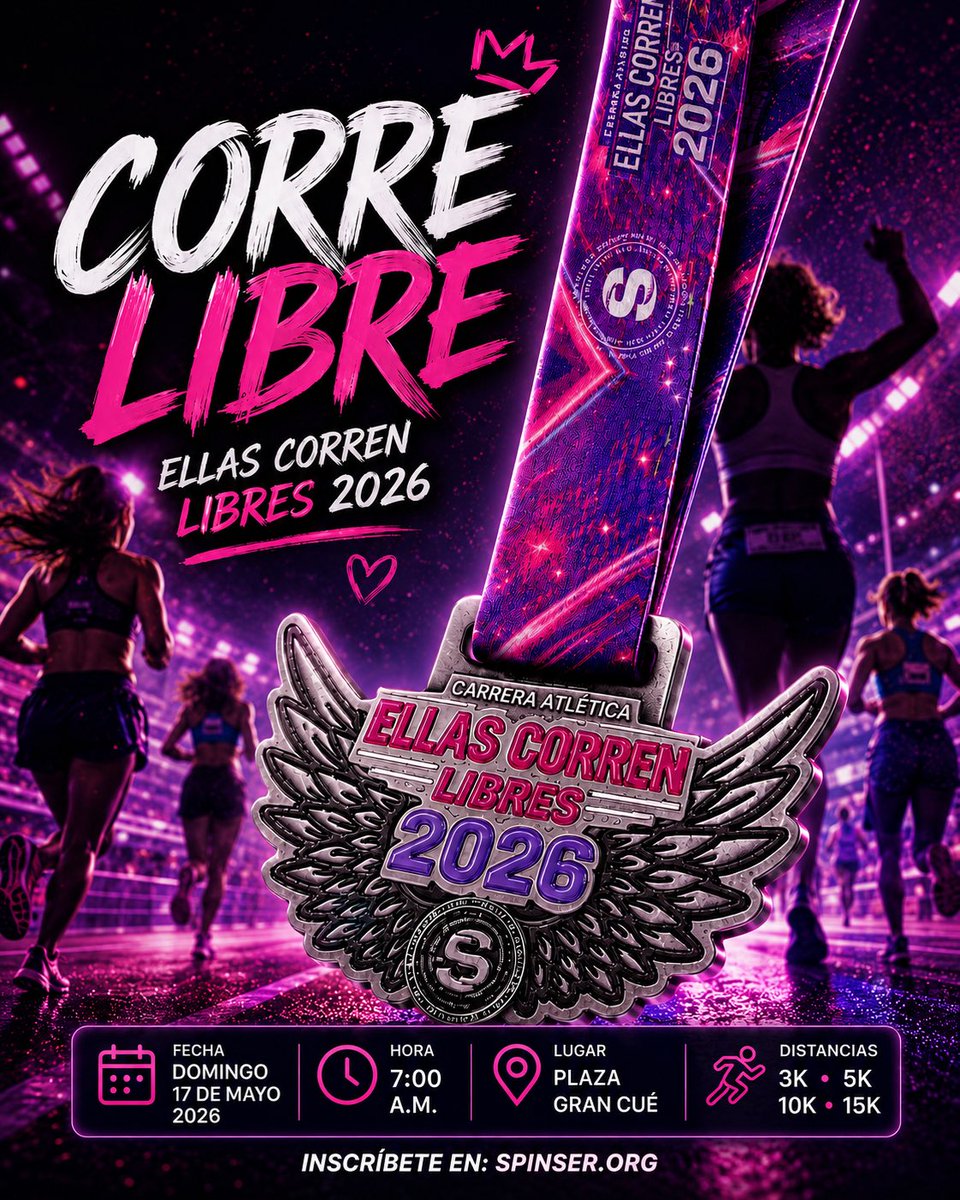 SPINSERMX's tweet photo. ✨ No es solo una medalla… es todo lo que venciste para llegar hasta aquí. 🪽🔥

Cada kilómetro será una celebración de fuerza, libertad y comunidad. 💜

Así se verá tu recompensa en la meta de #EllasCorrenLibres2026 🏅

Inscríbete ahora en: https://t.co/BwwumYXi2x https://t.co/1HkmNsbBkV