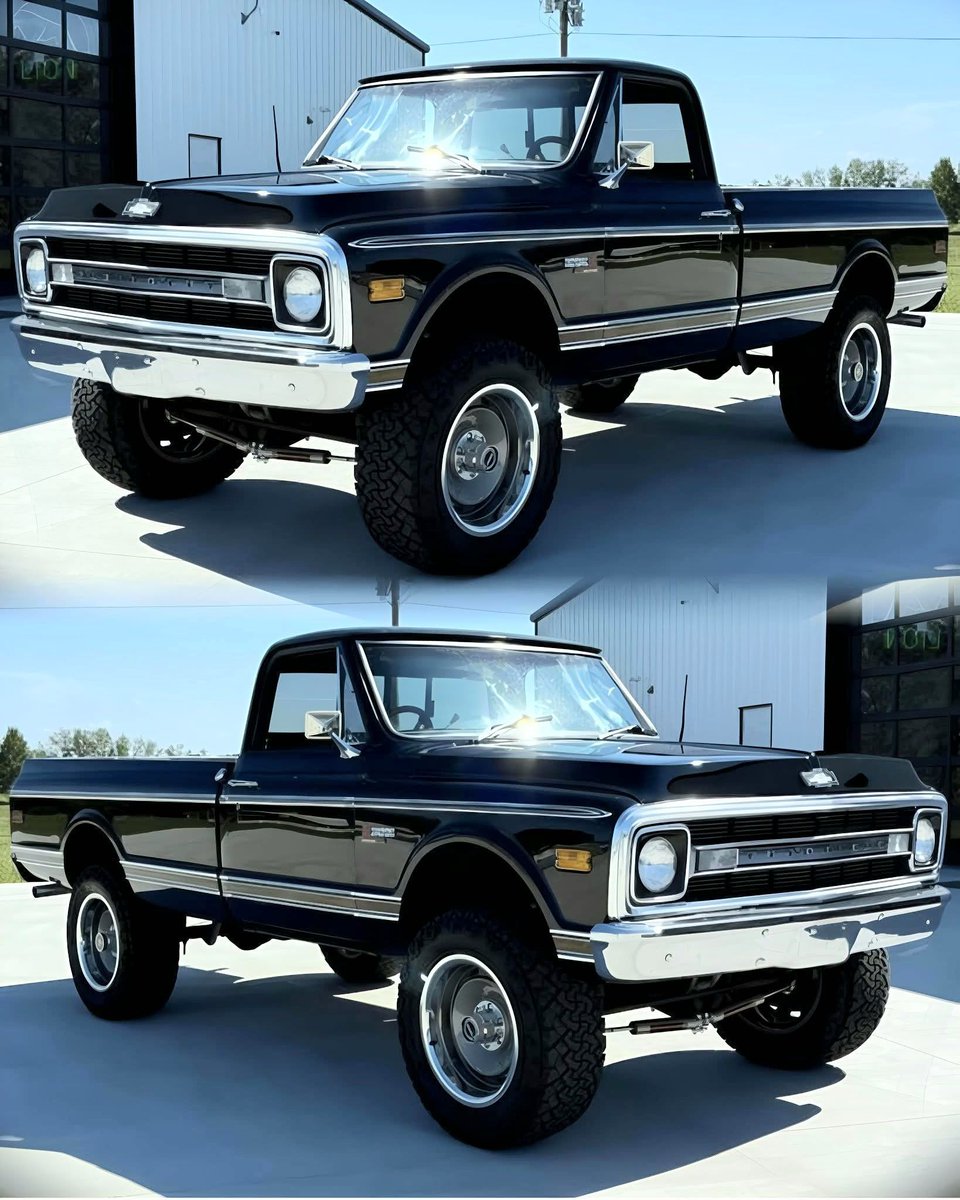 HappyMotorhead's tweet photo. It’s a 1970 Chevy K10 CST that looks like it could crush a boulder and then take your daughter to prom. 🖤🛻

​Like, Love, or Leave? 

Choose wisely, or it’ll haunt your dreams (and your driveway).

​#ChevyK10 #ClassicTrucks #SquareBody #CST #TruckPorn #Vintage4x4 https://t.co/rPGt1PTd7y