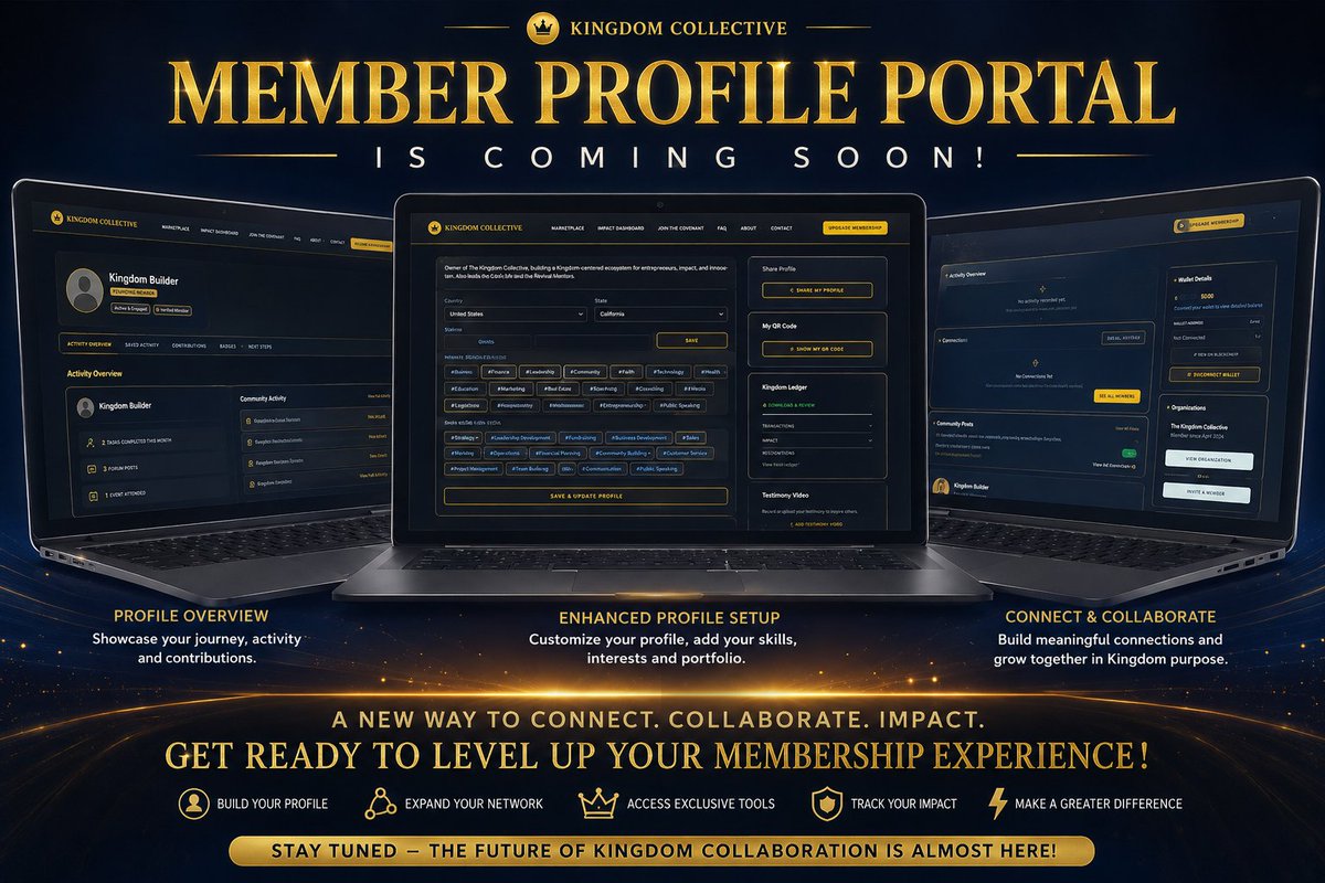 KingdomTokenKNG's tweet photo. Coming soon: The Kingdom Collective Member Profile Portal.

Build your Kingdom identity.
Track your impact.
Connect with covenant-aligned members.
Share your testimony.
Real tools for Kingdom collaboration.
The next phase is almost here. 👑
#KingdomCollective #MemberPortal https://t.co/4xz8wcdkQe