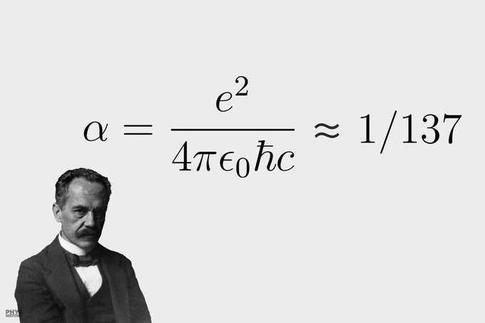PhysInHistory's tweet photo. Fine-Structure Constant (approx. 1/137) is a dimensionless constant that characterizes the strength of the electromagnetic interaction between elementary charged particles. Its value is approximately 1/137, and it's one of the fundamental constants of nature whose origin remains a mystery.  

It was first introduced into physics by Arnold Sommerfeld in the 1920s to account for the relativistic splitting of atomic spectral lines.