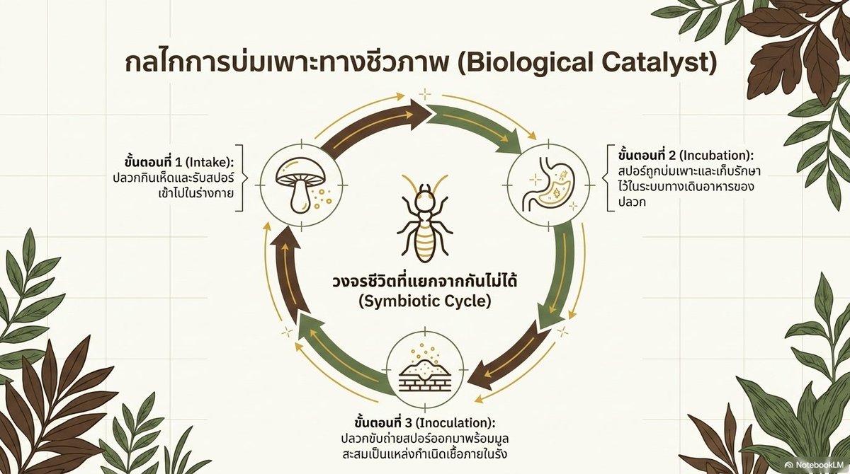 กลไกการบ่มเพาะทางธรรมชาติ Biological Catalyst ของการเกิดเห็ดโคน
.
กลไกการบ่มเพาะทางธรรมชาติหรือตัวเร่งปฏิกิริยาทางชีวภาพ (Biological Catalyst) ของการเกิดเห็ดโคนนั้น อาศัยวงจรชีวิตของปลวกเป็นกลไกสำคัญ โดยมีกระบวนการดังนี้:
.
การสร้างสปอร์โดยปลวก (Biological Catalyst):