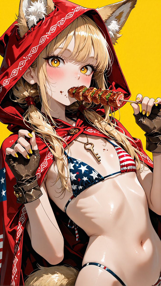 No.804｜赤いフードに狐耳、串焼きまで主役級に光る金髪ガール 黄色