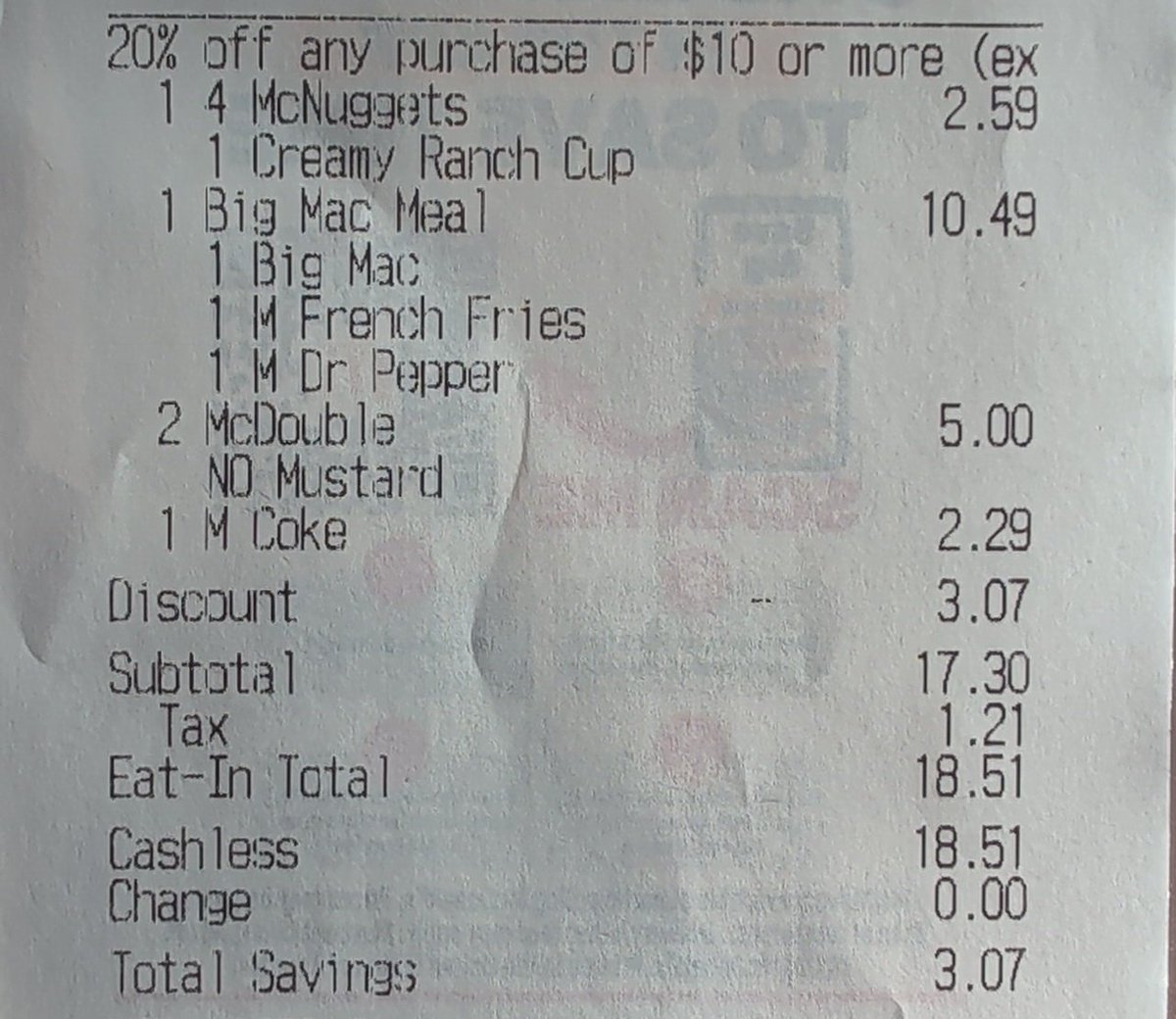 averagefan303's tweet photo. @McDonalds why say 20% off of purchase $10 or more and then not give the 20% off the subtotal. You're lying and I don't care that the workers don't even say hi and are never able to help but don't lie to people https://t.co/7cIGxU6Aw3