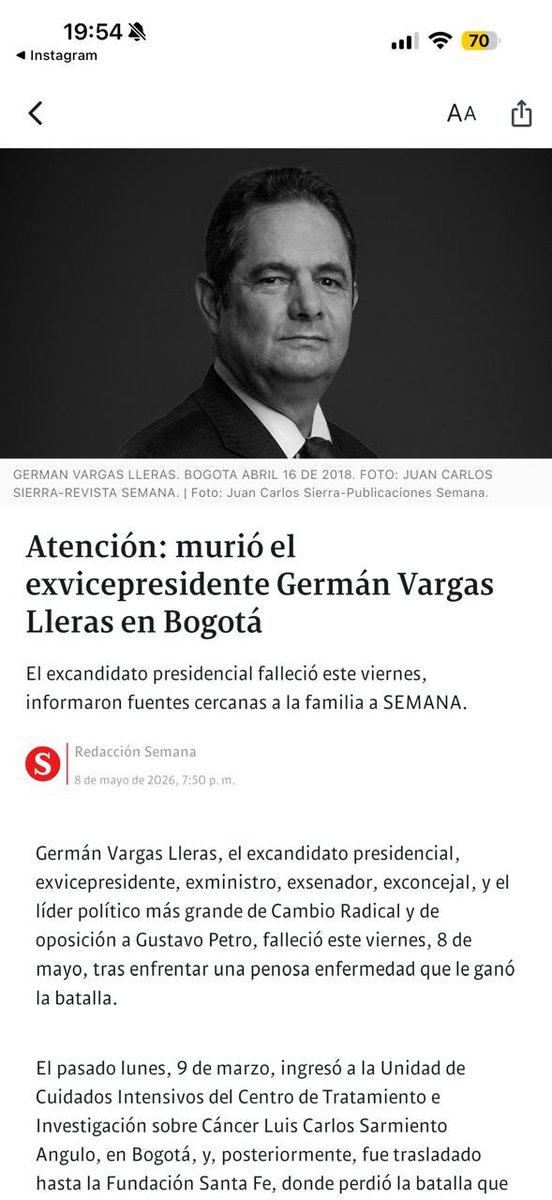 Lamento profundamente el fallecimiento de Germán Vargas Lleras.
Acompaño de corazón a su familia, amigos y a sus compañeros de Cambio Radical en este momento de tanto dolor. Su legado y su visión de país seguirán presentes en el debate público nacional.
Paz en su tumba. 🇨🇴🕊️