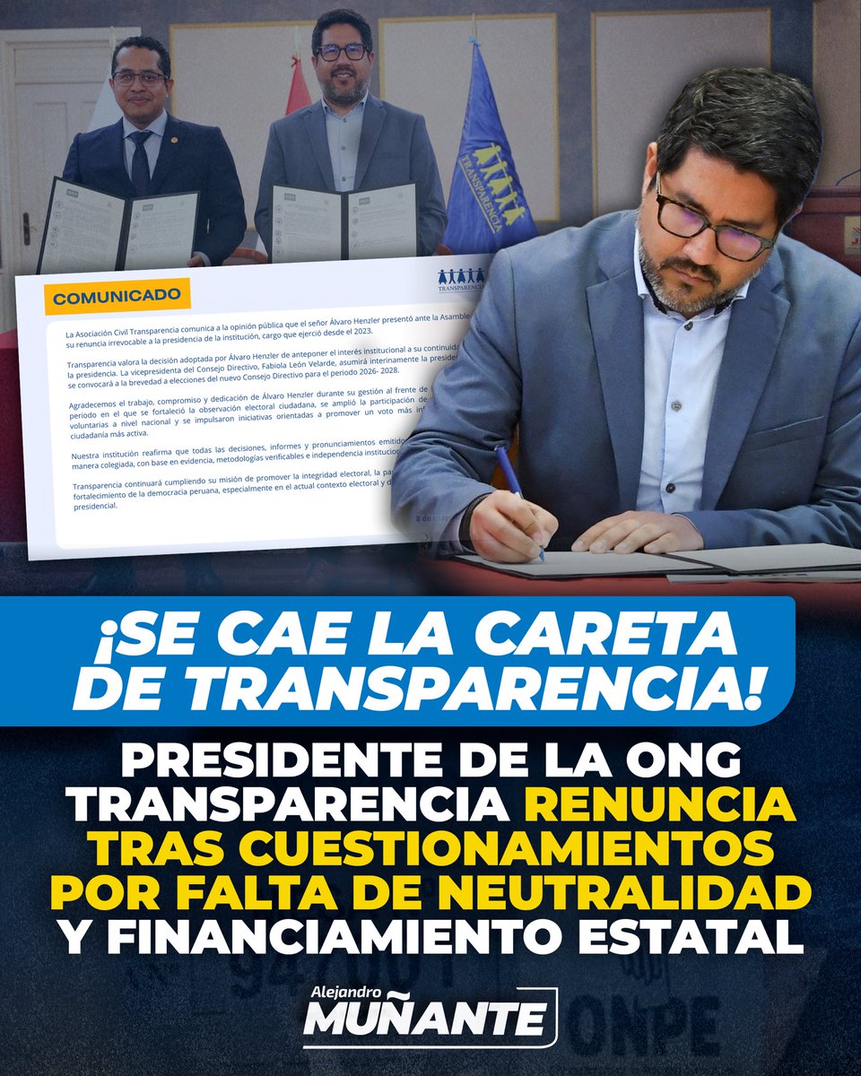 🚨#LOÚLTIMO | ¡Se cae la careta de <a href="/ACTransparencia/">Transparencia Perú</a>! La Asociación Civil Transparencia confirmó la renuncia de su presidente, Álvaro Henzler, en medio de cuestionamientos por vínculos y pagos provenientes de entidades del sistema electoral.

Una organización que dice defender la
