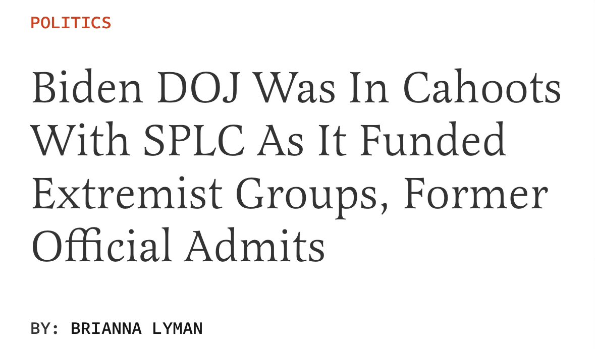 A former Biden official admitted what we knew all along.

The Biden-Harris Administration relied on the SPLC's "extremism" materials.

What groups are extremists to the SPLC?

-Moms for Liberty

-Family Research Council

-Alliance Defending Freedom

Crazy.