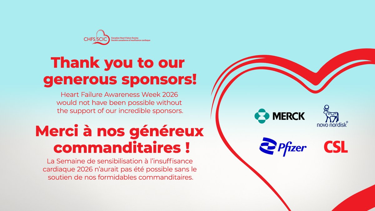 CanHFSociety's tweet photo. A huge THANK YOU to our #HeartFailureWeekCan sponsors for standing with us across Canada 💙
➡️ https://t.co/d2AkWD4jBn
–
Un grand MERCI aux commanditaires de la #HeartFailureWeekCan pour leur soutien à travers le pays 💙
➡️ https://t.co/8gALeg8j8f
@Merck @novonordisk @pfizer @csl https://t.co/h76wASn9rx