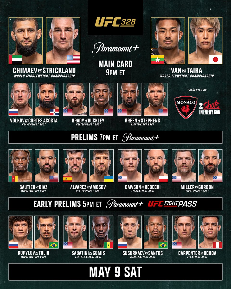 Two belts on the line 🏆🏆

#UFC328 is LIVE TODAY at 9pmET on @ParamountPlus!

[ B2YB: <a href="/DrinkMonaco/">Monaco Cocktails | ESTD. 2012</a> ]