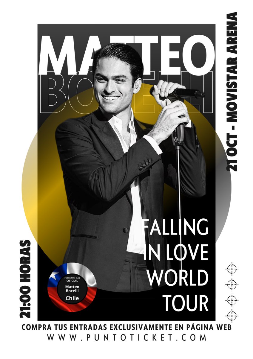 MatteoBocelliCL's tweet photo. Nuestro querido Rey de Viña vuelve a Chile este 2026 ¿Te lo vas a perder? 👀

¡No te quedes fuera! Asegura tus entradas 🎫 a través de @puntoticket y prepárate para una noche llena de música y romanticismo. 

#chileamaamatteobocelli @bocelli_matteo @bizarrolivecl @UMusicChile https://t.co/qDoUkr9Lqh