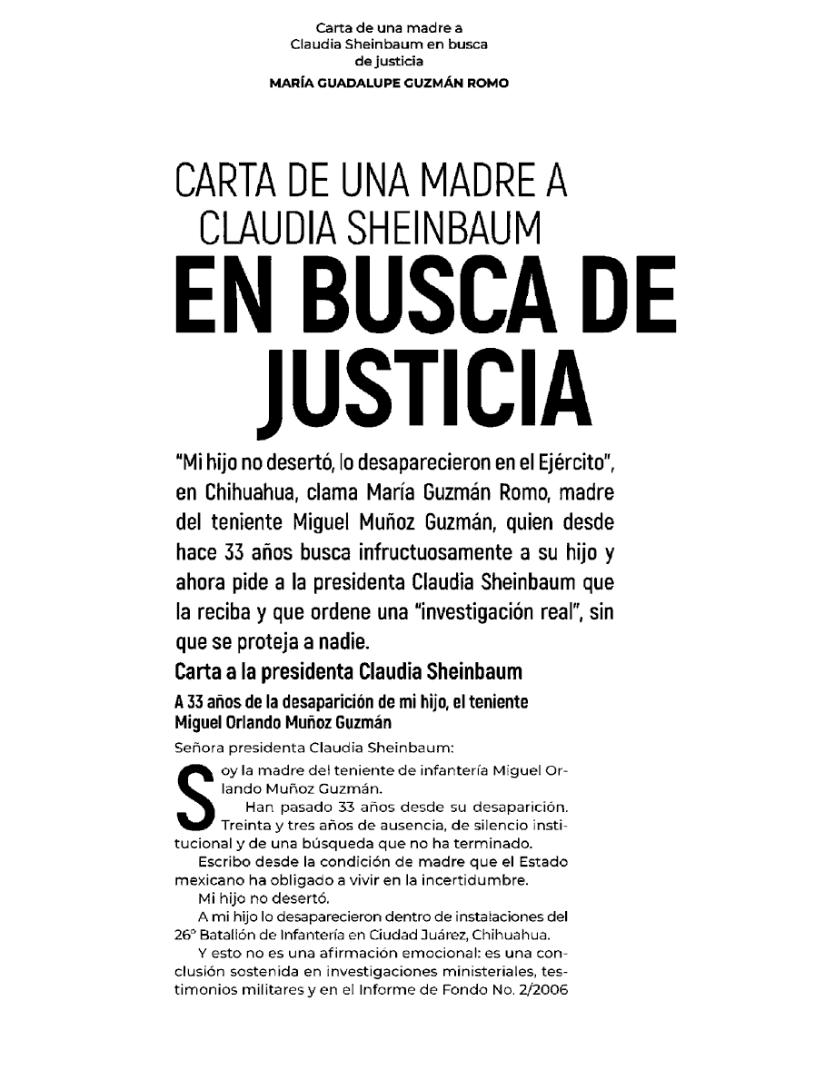 CentroProdh's tweet photo. Hoy se cumplen 33 años de la desaparición de Miguel Orlando Muñoz Guzmán, elemento de la Secretaría de la Defensa, en Ciudad Juárez, Chihuahua. Su familia continúa exigiendo verdad y justicia. 

Su madre, Guadalupe, publicó una carta en @proceso 👇🏽 https://t.co/gbU93SUlbw