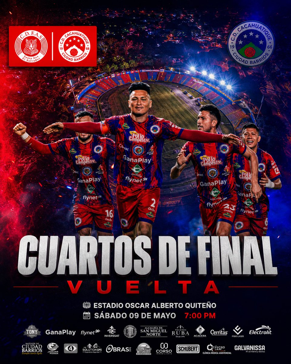 CDCacahuatique's tweet photo. #CuartosDeFinal Vuelta ¡Mañana se define todo! 🔥

Viajamos al Quiteño para disputar los Cuartos de Final Vuelta y pelear con garra, corazón y entrega el pase a semifinales. 💙❤️

Este equipo ha demostrado que nunca se rinde y luchará hasta el último minuto por nuestros colores. https://t.co/CSaV0hxXcD