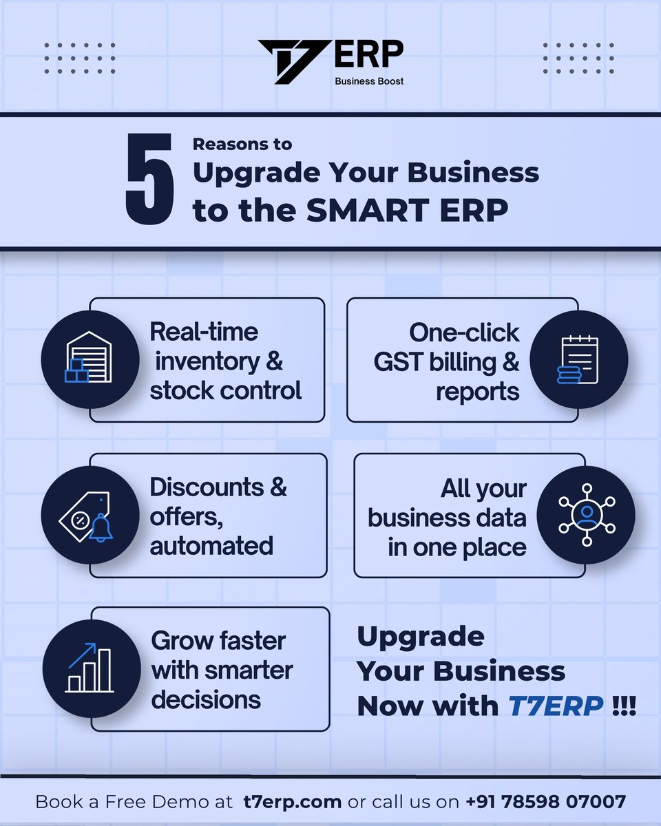 T7Erp's tweet photo. Still managing business on WhatsApp &amp; Excel? 🤔

That means wasted time, missed sales &amp; stock confusion. ❌

With #T7ERP get:
✔ Real-time inventory
✔ One-click GST billing
✔ Smart discounts
✔ One dashboard for everything

👉 https://t.co/KwqGiVTOqb

#BusinessAutomation #ERP https://t.co/OktqbIDwvz
