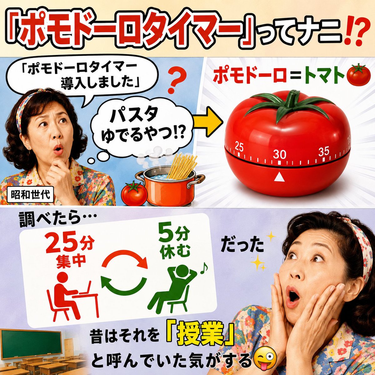 wordkitchen's tweet photo. #今日の言葉モヤっと
■「ポモドーロタイマー」ってナニ⁉️

「ポモドーロタイマー導入しました」と聞き、「パスタゆでるやつ⁉️」と思った昭和世代🤔

ポモドーロ＝トマト🍅
調べたら「25分集中して5分休む術」だった

昔はそれを「授業」と呼んでいた気がする🤪

#校正 https://t.co/VTdtnXe4am