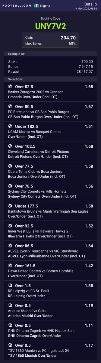 BillionTip's tweet photo. 🔥 IT'S POSSIBLE!
Booking Code: UNY7V2
COPY & LOAD NOW!
Edit your stake or selections! ⚽️
#Sportybet #footballcom #basketball #BetSlip #EditBet #rebet https://t.co/LS5am9BktP